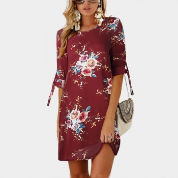2019 Women Summer Dress Boho Style Floral Print Chiffon Beach Dress Tunic Sundress Loose Mini Party Dress
